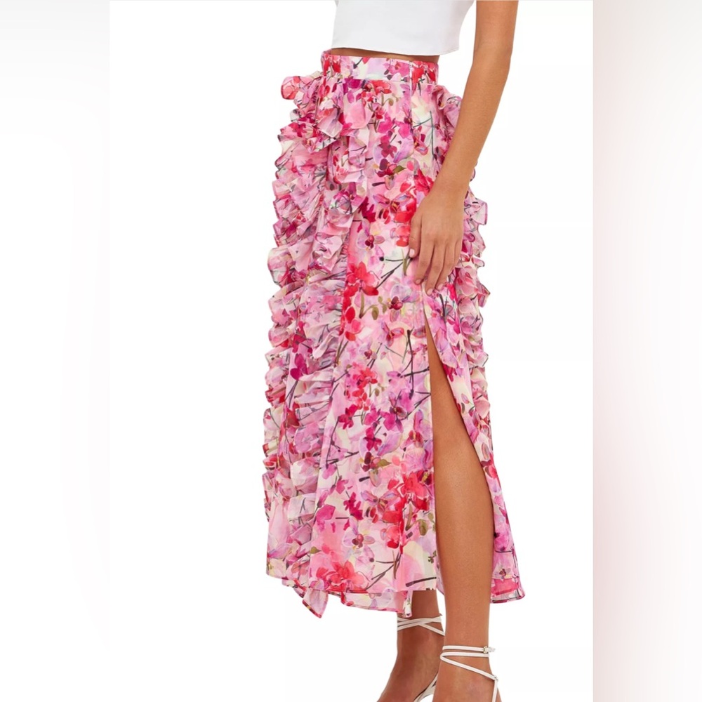 ✨Anthropologie Endless Rose Vibrant Pink Floral Maxi Skirt Size Small